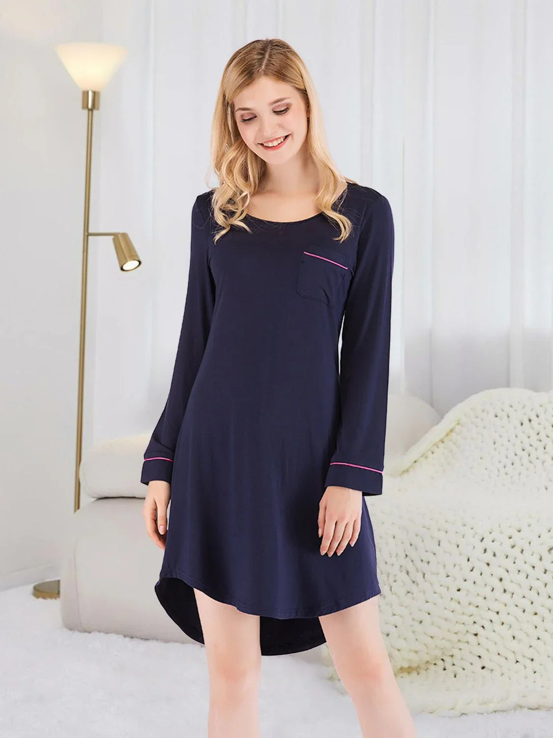 Round Neck Night Dress with Pocket - VILLA FASHION